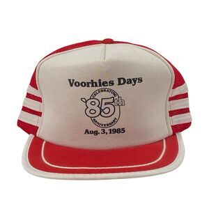 Vintage 3-Stripe Mesh Back Trucker Hat Voorhies Days‎ 85th Anniversary San Sun